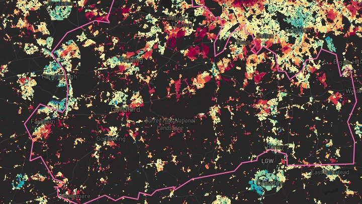 House price heatmap showing property values across Surrey