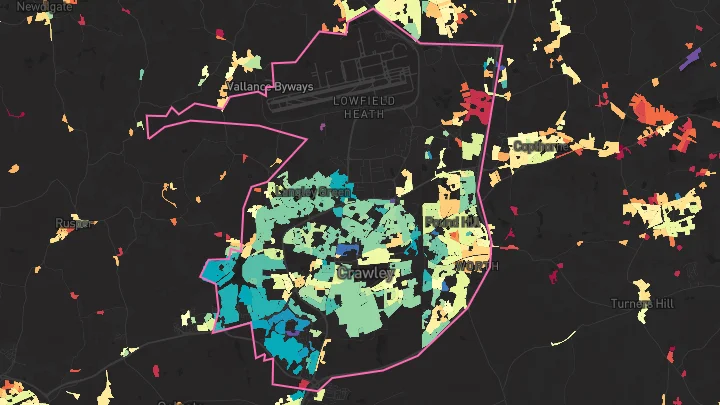 House price heatmap showing property values across Crawley