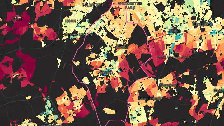 House price heatmap showing property values across Epsom and Ewell