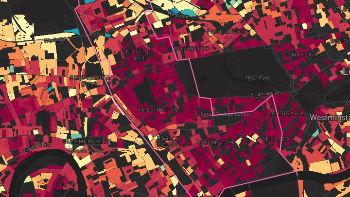 House price heatmap showing property values across Kensington and Chelsea