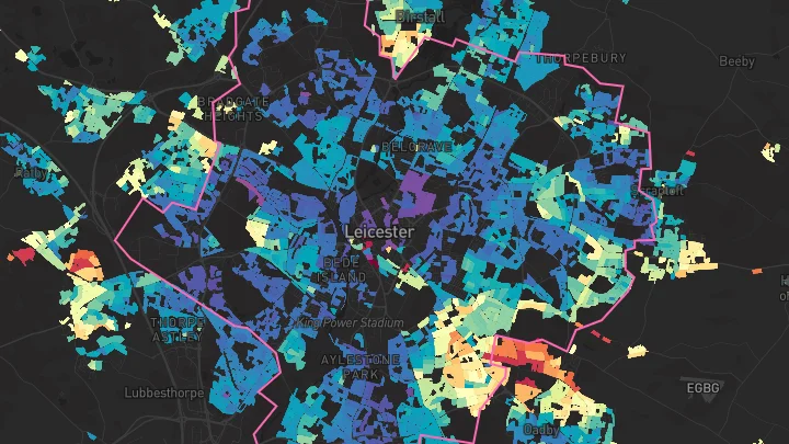 House price heatmap showing property values across Leicester