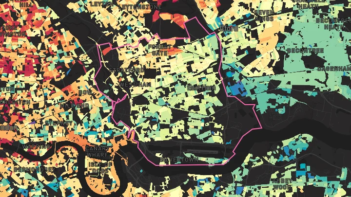 House price heatmap showing property values across Newham