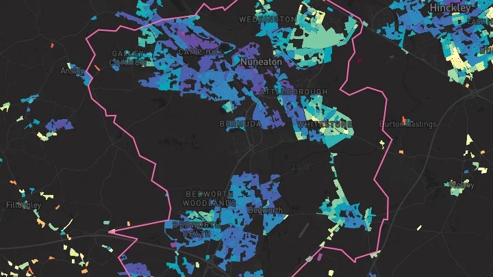 House price heatmap showing property values across Nuneaton and Bedworth