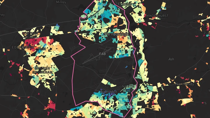 House price heatmap showing property values across Rushmoor