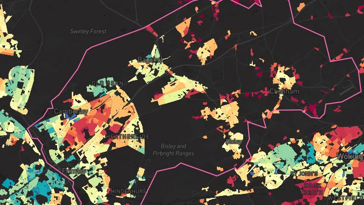 House price heatmap showing property values across Surrey Heath