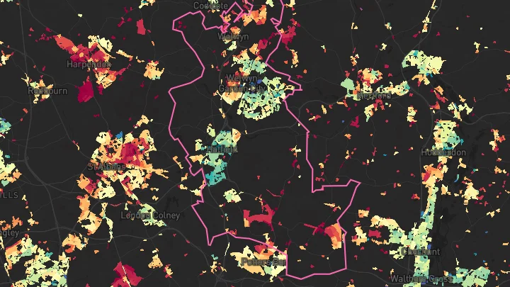 House price heatmap showing property values across Welwyn Hatfield
