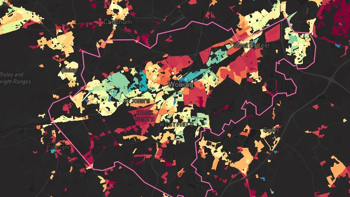 House price heatmap showing property values across Woking