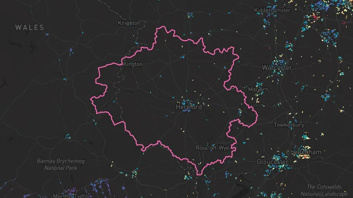 House price heatmap showing property values across Hereford