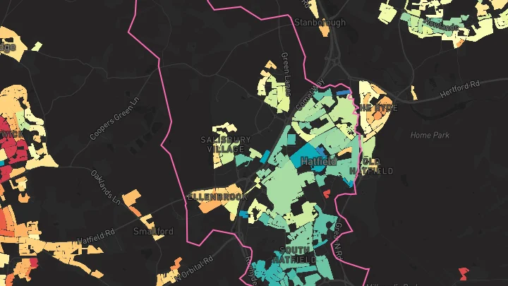 House price heatmap showing property values across Hatfield