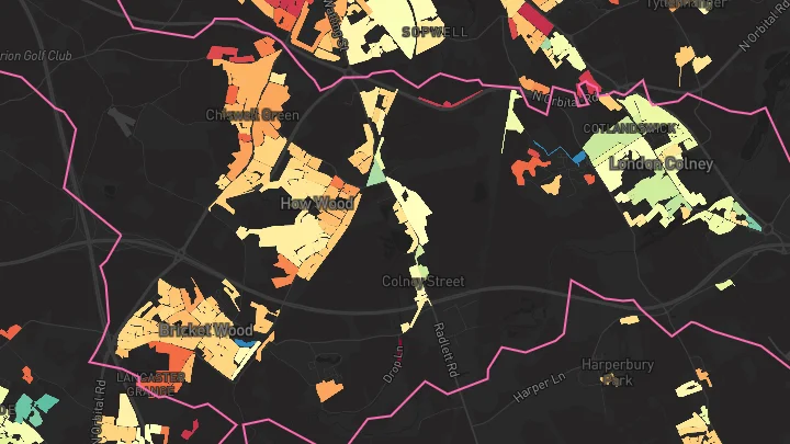 House price heatmap showing property values across London Colney