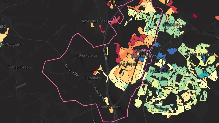 House price heatmap showing property values across Welwyn Garden City