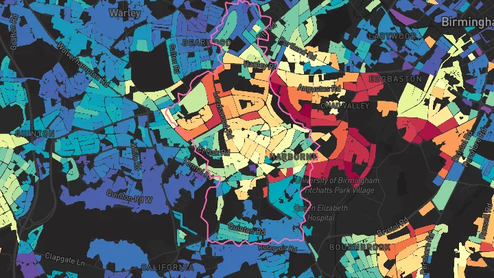 House price heatmap showing property values across Harborne