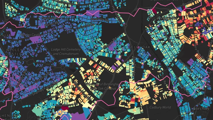 House price heatmap showing property values across Selly Oak