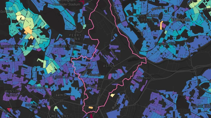 House price heatmap showing property values across Aston