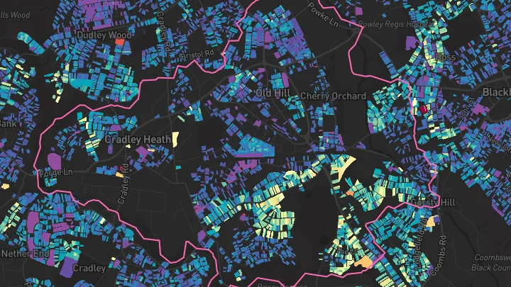 House price heatmap showing property values across Cradley Heath