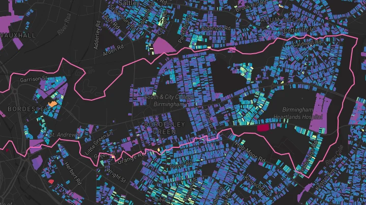 House price heatmap showing property values across Bordesley Green