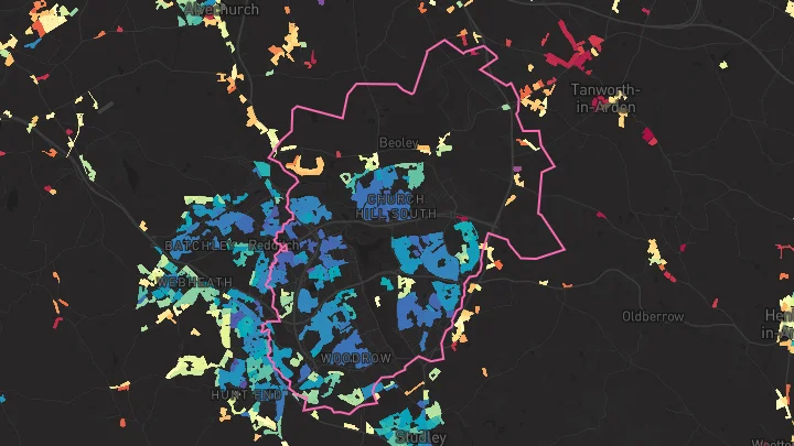 House price heatmap showing property values across Redditch