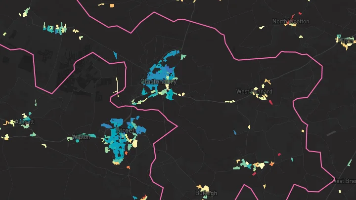 House price heatmap showing property values across Glastonbury