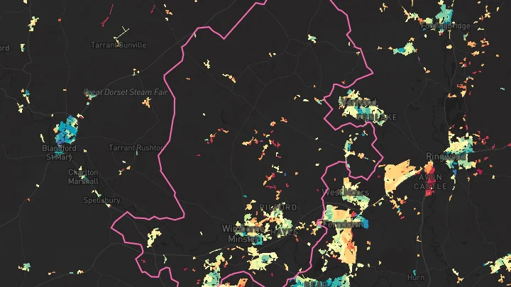 House price heatmap showing property values across Wimborne