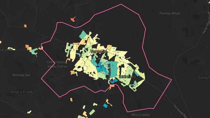 House price heatmap showing property values across Verwood