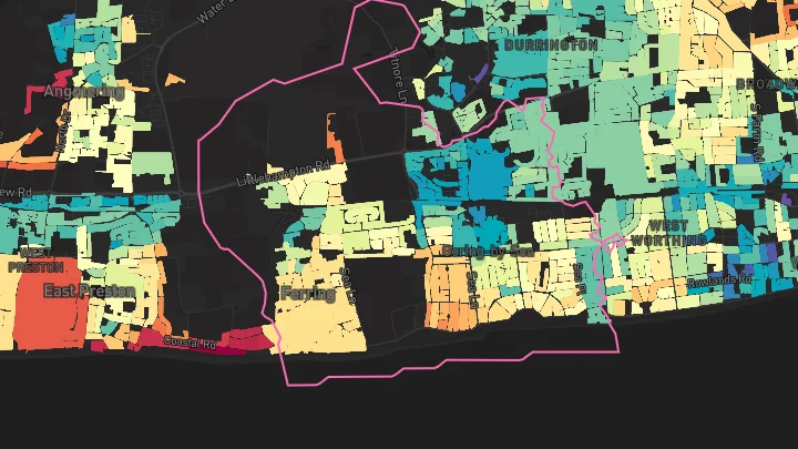 House price heatmap showing property values across Goring By Sea