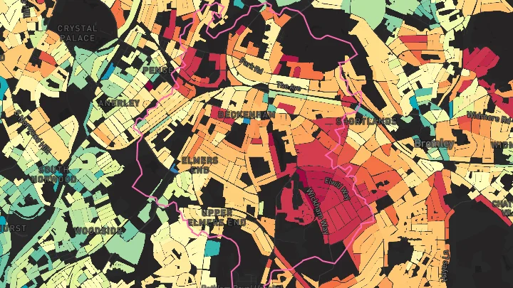 House price heatmap showing property values across Beckenham