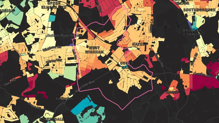 House price heatmap showing property values across West Wickham