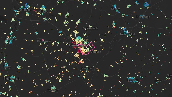 House price heatmap showing property values across Cambridge