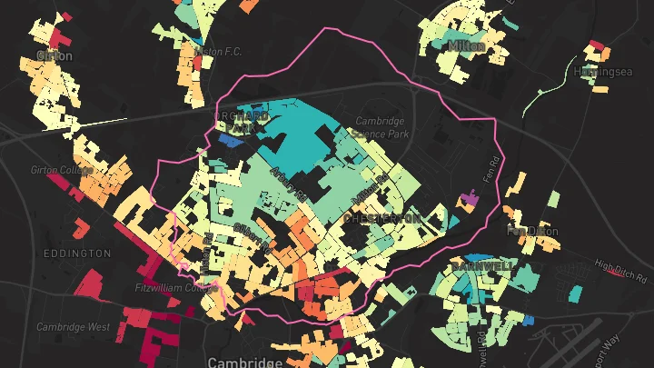 House price heatmap showing property values across Cambridge