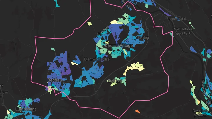 House price heatmap showing property values across Beddau