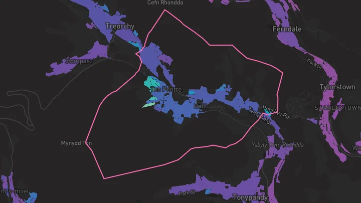 House price heatmap showing property values across Ton Pentre