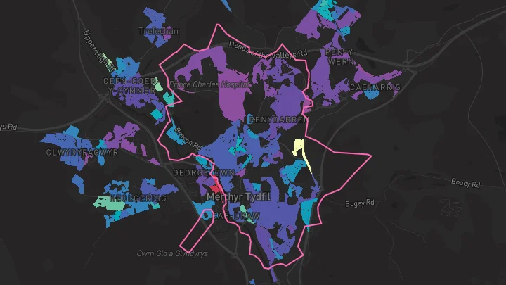 House price heatmap showing property values across Merthyr Tydfil