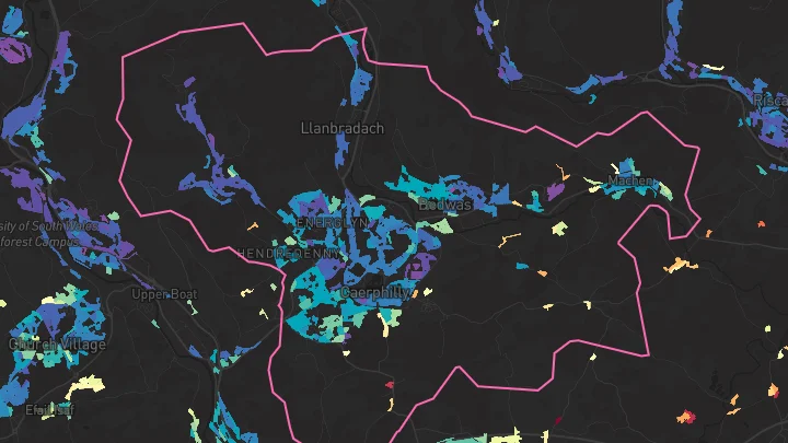 House price heatmap showing property values across Caerphilly