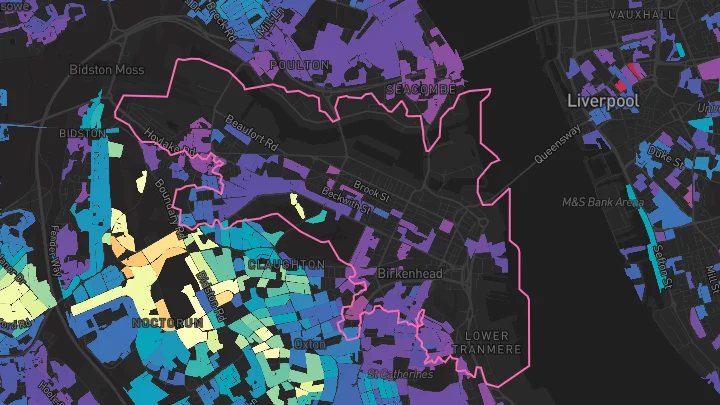 House price heatmap showing property values across Birkenhead