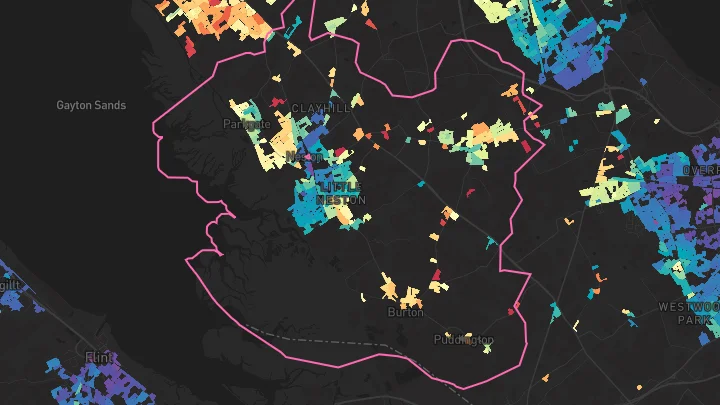 House price heatmap showing property values across Little Neston