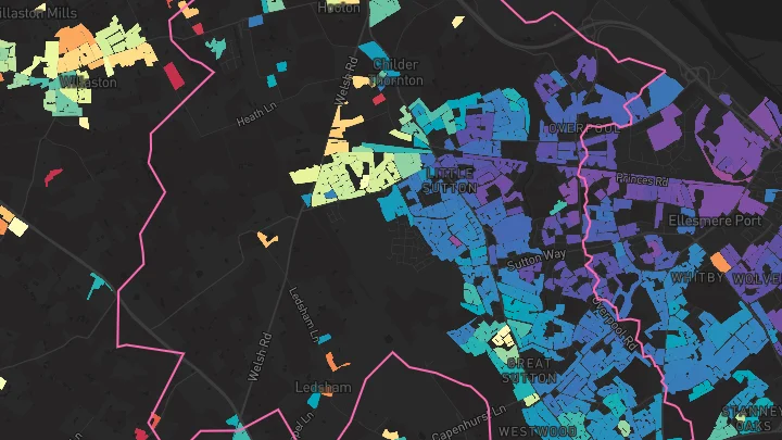 House price heatmap showing property values across Great Sutton