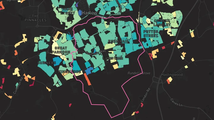 House price heatmap showing property values across Harlow
