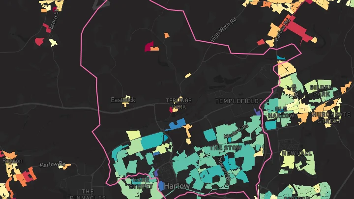 House price heatmap showing property values across Harlow