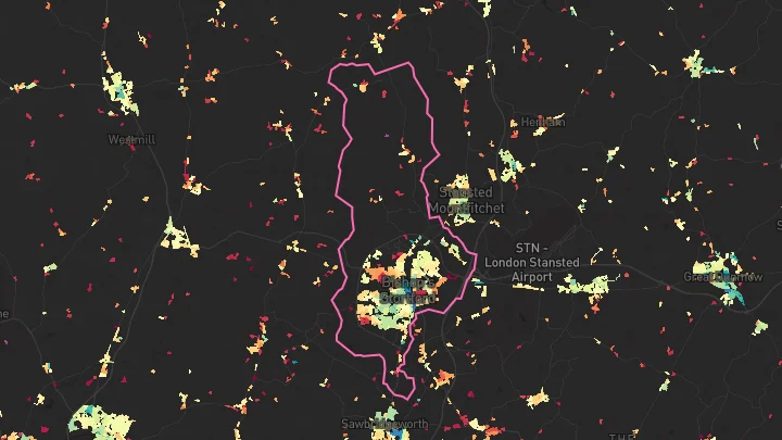 House price heatmap showing property values across Bishops Stortford