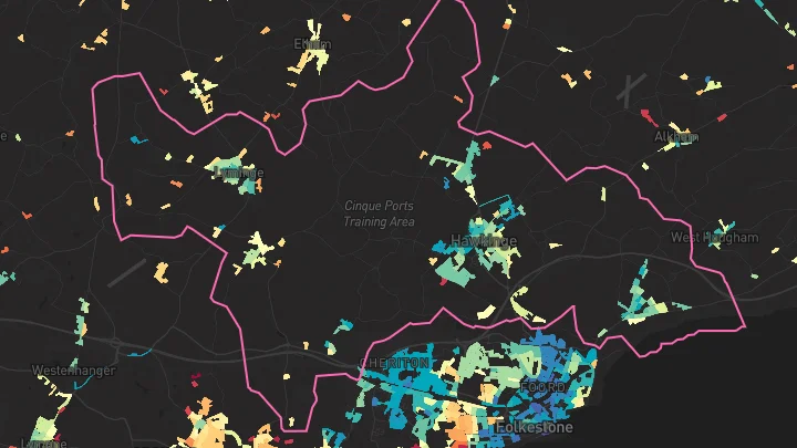 House price heatmap showing property values across Hawkinge