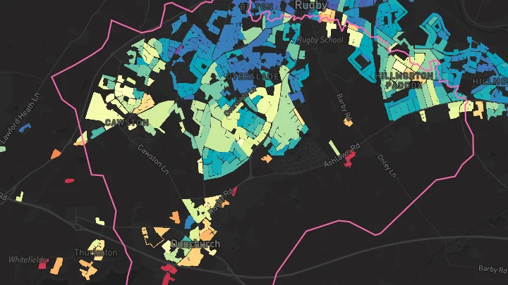 House price heatmap showing property values across Rugby