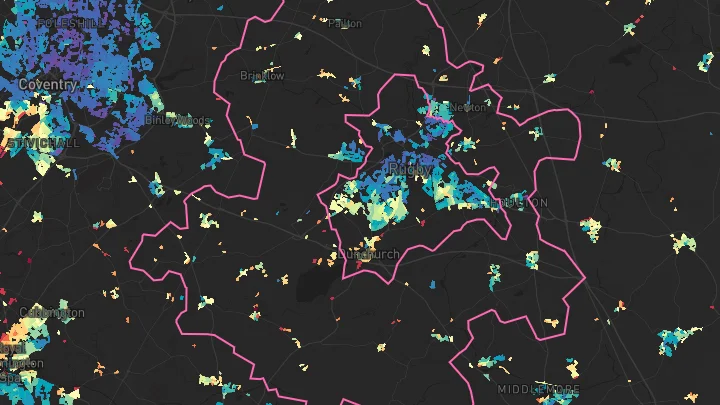 House price heatmap showing property values across Long Lawford