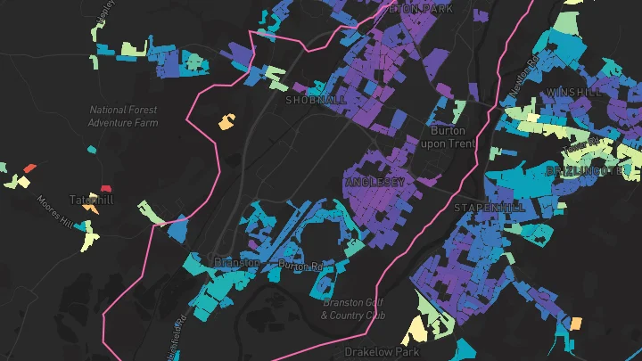 House price heatmap showing property values across Burton-On-Trent