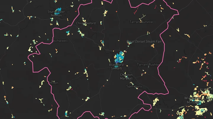House price heatmap showing property values across Blandford Forum