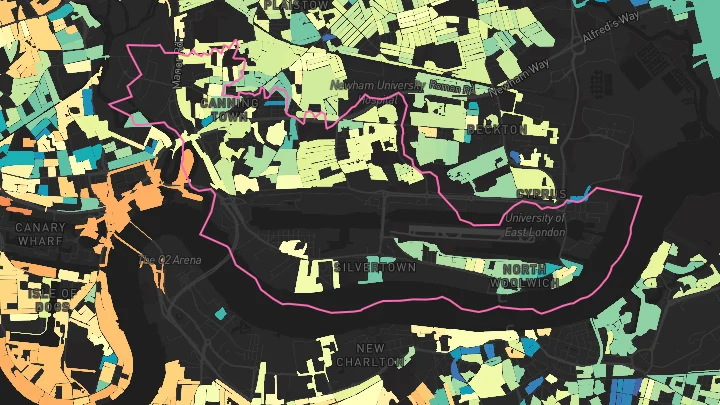 House price heatmap showing property values across Canning Town