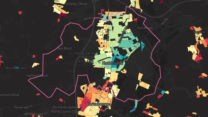 House price heatmap showing property values across Hoddesdon