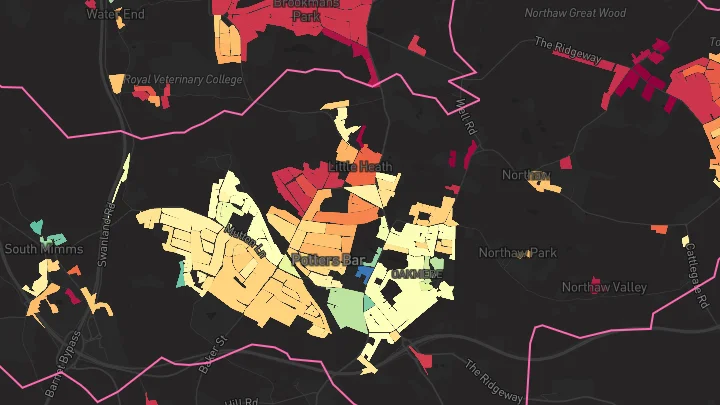 House price heatmap showing property values across Potters Bar