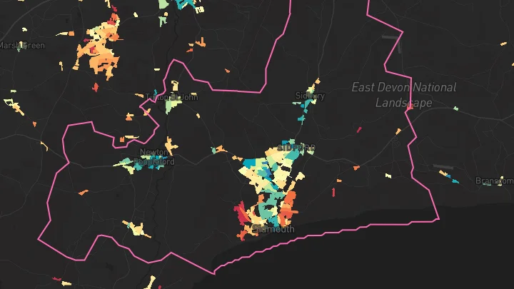 House price heatmap showing property values across Sidmouth