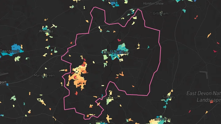House price heatmap showing property values across Ottery St Mary