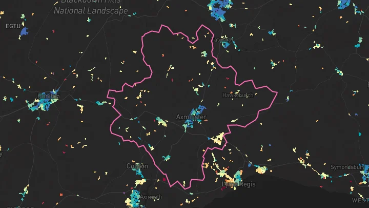 House price heatmap showing property values across Axminster